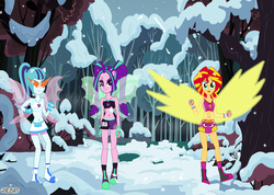 Size: 2330x1660 | Tagged: safe, artist:dieart77, artist:shafty817, aria blaze, sonata dusk, sunset shimmer, equestria girls, g4, bandeau, belly button, clothes, commission, exeron fighters, exeron gloves, kamina sunglasses, midriff, skirt, sleeveless, snow, snowfall, sports bra, the shimmerings, winter