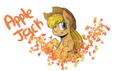 Size: 2600x1500 | Tagged: safe, artist:woogiegirl, applejack, g4, autumn leaves, digital art, female, hat, leaves, solo, text