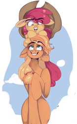 Size: 2000x3200 | Tagged: safe, artist:mili-kat, apple bloom, applejack, g4, accessory swap, apple bloom riding applejack, cute, floppy ears, high res, open mouth, ponies riding ponies, raised hoof, rearing, riding, sisters