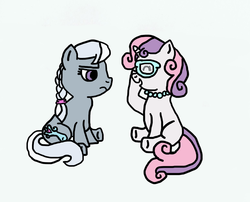 Size: 1551x1253 | Tagged: safe, artist:paral337, silver spoon, sweetie belle, g4, accessory swap, female, lesbian, ship:silverbelle, shipping, simple background, sitting