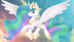 Size: 1024x576 | Tagged: safe, artist:despotshy, princess celestia, g4, female, flying, solo, spread wings, wings