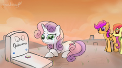 Size: 1600x889 | Tagged: safe, artist:redheadfly, apple bloom, opalescence, scootaloo, sweetie belle, pony, g4, crying, cutie mark, cutie mark crusaders, gravestone, implied death, older, older apple bloom, older scootaloo, older sweetie belle, prone, sad, the cmc's cutie marks