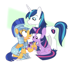 Size: 870x800 | Tagged: safe, artist:dm29, flash sentry, shining armor, twilight sparkle, alicorn, pegasus, pony, unicorn, g4, armor, blushing, commission, crystal guard, crystal guard armor, doll, female, julian yeo is trying to murder us, male, mare, ponies playing with ponies, ship:flashlight, shipping, simple background, straight, toy, transparent background, trio, twilight sparkle (alicorn)