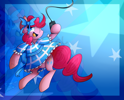 Size: 1640x1330 | Tagged: safe, artist:woogiegirl, pinkie pie, g4, bow, clothes, digital art, dress, female, hair bow, microphone, solo