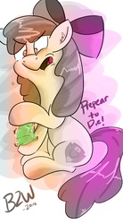 Size: 884x1600 | Tagged: safe, artist:bow2yourwaifu, apple bloom, g4, cutie mark, dialogue, ear fluff, female, food, hilarious in hindsight, open mouth, pear, pun, solo, that pony sure does hate pears, the cmc's cutie marks