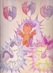 Size: 838x1157 | Tagged: safe, artist:northlights8, apple bloom, scootaloo, sweetie belle, crusaders of the lost mark, g4, cutie mark, cutie mark crusaders, open mouth, the cmc's cutie marks, traditional art