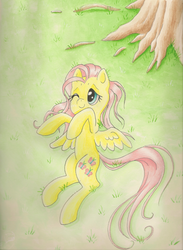 Size: 1024x1399 | Tagged: safe, artist:deadliestvenom, fluttershy, pegasus, pony, g4, female, grass, high angle, looking away, lying down, on back, one eye closed, smiling, solo, spread out hair, spread wings, stray strand, traditional art, under the tree, wings
