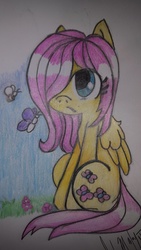 Size: 1024x1820 | Tagged: safe, artist:nerdling18, fluttershy, bee, butterfly, g4, colored pencil drawing, female, filly, filly fluttershy, folded wings, hair over one eye, sitting, solo, traditional art, unamused