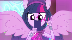 Size: 1280x720 | Tagged: safe, screencap, twilight sparkle, equestria girls, g4, my little pony equestria girls: rainbow rocks, perfect day for fun, cellphone, female, phone, ponied up, solo, twilight sparkle (alicorn)