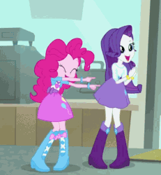 Size: 536x580 | Tagged: safe, screencap, pinkie pie, rarity, a case for the bass, equestria girls, g4, my little pony equestria girls: rainbow rocks, animated, balloon, boots, bracelet, clapping, clothes, cropped, cute, diapinkes, eyes closed, female, happy, high heel boots, jewelry, jumping, open mouth, pointing, skirt, smiling