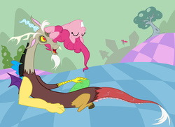 Size: 3509x2550 | Tagged: safe, artist:wrathmo, discord, pinkie pie, draconequus, earth pony, pony, g4, chaos, discorded landscape, duo, eyes closed, female, green sky, grin, male, mare, on back, one eye closed, ship:discopie, shipping, smiling, straight