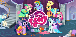 Size: 1024x500 | Tagged: safe, gameloft, screencap, applejack, fluttershy, pinkie pie, rainbow dash, rarity, twilight sparkle, alicorn, pony, g4, official, applejack also dresses in style, applejewel, clothes, dress, female, gala dress, game, loading screen, logo, mane six, mare, my little pony logo, rainbow dash always dresses in style, twilight sparkle (alicorn)