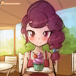 Size: 750x750 | Tagged: safe, artist:lumineko, sugar belle, human, equestria girls, g4, 30 minute art challenge, beautiful, cupcake, cute, equestria girls-ified, female, food, humanized, looking at you, patreon, patreon logo, smiling, smiling at you, solo, sugarbetes