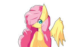 Size: 2098x1382 | Tagged: safe, artist:darkreimbow97, fluttershy, pony, g4, bust, female, hair over one eye, hooves together, looking at you, simple background, solo, spread wings, white background