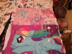 Size: 2592x1944 | Tagged: safe, applejack, pinkie pie, rainbow dash, rarity, twilight sparkle, alicorn, pony, g4, balloon, bedsheets, heart, irl, merchandise, photo, pillowcase, stars, twilight sparkle (alicorn)