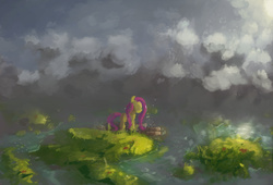 Size: 4112x2800 | Tagged: safe, artist:lmgchikess, fluttershy, g4, cloud, cloudy, female, grass, river, solo, standing