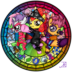 Size: 1600x1600 | Tagged: safe, artist:akili-amethyst, apple bloom, scootaloo, sweetie belle, earth pony, pegasus, pony, unicorn, g4, the show stoppers, bipedal, clothes, cutie mark crusaders, disney, dive to the heart, kingdom hearts, show stopper outfits, stained glass, trio