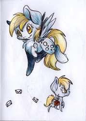 Size: 1442x2028 | Tagged: safe, artist:cutepencilcase, derpy hooves, pegasus, pony, g4, female, letter, mailmare, mare, saddle bag, simple background, solo, traditional art