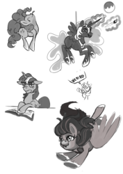 Size: 1024x1448 | Tagged: safe, artist:anightlypony, nightmare moon, pinkie pie, shining armor, twilight sparkle, oc, oc:snowlight, g4, book, floppy ears, grayscale, magic, monochrome, moon, paintbrush, sketch, sketch dump, telekinesis, tongue out, unamused