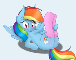 Size: 1900x1500 | Tagged: safe, artist:php66, rainbow dash, g4, butt, chest fluff, clothes, dock, legs in air, looking at you, on back, plot, simple background, socks, solo