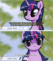 Size: 3000x3437 | Tagged: safe, artist:plotcore, twilight sparkle, pony, unicorn, g4, :|, book, comic, dark comedy, dialogue, female, high res, interview, looking at you, mare, meme, offscreen character, smiling, solo, talking to viewer, that pony sure does love books, thousand yard stare, unicorn twilight