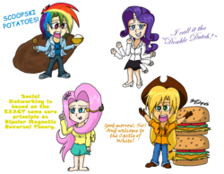 Size: 2200x1710 | Tagged: safe, artist:meganekkoplymouth241, applejack, fluttershy, rainbow dash, rarity, human, g4, clothes, humanized, impractical jokers, sweater, sweatershy