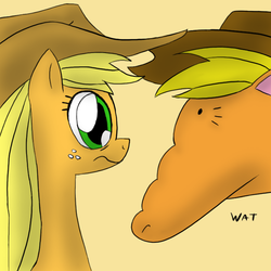 Size: 720x720 | Tagged: safe, artist:toajahli, applejack, earth pony, pony, g4, apeljak, dolan, duo, gooby, wat