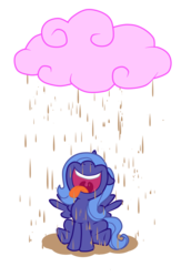 Size: 1102x1693 | Tagged: safe, artist:hendocrinogeno, princess luna, g4, addiction, chocolate, chocolate addict, chocolate rain, chocoluna, cloud, cotton candy, cotton candy cloud, female, filly, food, luna loves chocolate, open mouth, rain, s1 luna, sitting, solo, that pony sure does love chocolate, this will end in weight gain, tongue out, woona