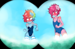 Size: 900x586 | Tagged: safe, artist:arantzitahermoxa, pinkie pie, rainbow dash, anthro, g4, binoculars, bubble berry, clothes, crossdressing, duo, one-piece swimsuit, rainbow blitz, rule 63, sukumizu, swimsuit