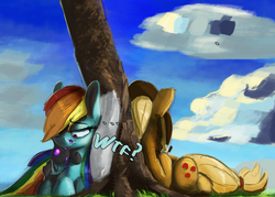 Size: 1400x1001 | Tagged: safe, artist:memorynumber, applejack, rainbow dash, oc, oc:memorynumber, changeling, nymph, g4, annoyed, blood, changeling oc, changeling slime, dead, drool, purple changeling, sleeping, under the tree