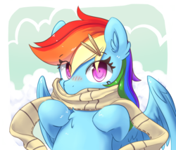 Size: 878x750 | Tagged: safe, artist:aymint, rainbow dash, pegasus, pony, g4, blushing, chest fluff, clothes, female, looking at you, mare, partially open wings, scarf, solo, wings