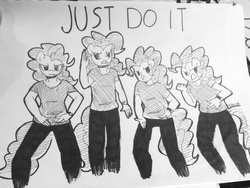 Size: 1280x960 | Tagged: safe, artist:leslers, pinkie pie, earth pony, anthro, g4, black and white, crossover, grayscale, just do it, shia labeouf, traditional art