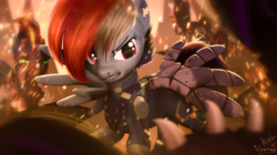 Size: 3840x2158 | Tagged: dead source, safe, artist:aeridiccore, artist:vincher, rainbow dash, pony, g4, the cutie re-mark, 3d, alternate timeline, apocalypse dash, badass, blood, crystal war timeline, epic, gritted teeth, high res, mind control, nosebleed, prosthetics, sombra soldier, source filmmaker, spread wings, torn ear