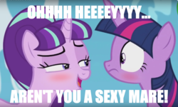 Size: 1322x792 | Tagged: safe, edit, starlight glimmer, twilight sparkle, bedroom eyes, blushing, drunk, drunklight glimmer, eye contact, female, flirting, frown, lesbian, meme, open mouth, shipping, smiling, starlight's secret, text edit, twistarlight, wide eyes