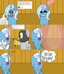 Size: 2560x2955 | Tagged: safe, artist:trixielulamoonthegreatandpoweful, derpy hooves, trixie, pegasus, pony, unicorn, g4, abuse, ask, banana, comic, derpybuse, female, food, high res, mare, tumblr