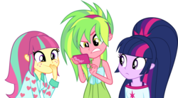 Size: 3680x2034 | Tagged: safe, artist:xebck, lemon zest, sour sweet, twilight sparkle, equestria girls, g4, my little pony equestria girls: friendship games, my little pony equestria girls: rainbow rocks, alternate hairstyle, alternate universe, clothes swap, freckles, high res, phone, ponytail, simple background, transparent background, vector