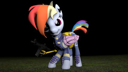 Size: 1280x720 | Tagged: safe, artist:epickitty54, rainbow dash, g4, 3d, alternate timeline, apocalypse dash, assault rifle, crystal war timeline, female, gun, m4a1, pony claw, rifle, solo, source filmmaker, torn ear, weapon, yellow claw