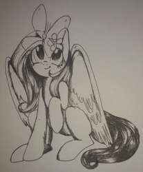 Size: 1836x2212 | Tagged: safe, artist:goldenrainynight, fluttershy, butterfly, g4, female, flower, flower in hair, looking at something, looking up, monochrome, raised hoof, simple background, sitting, solo, traditional art