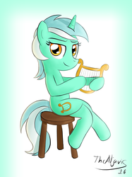 Size: 1280x1707 | Tagged: safe, artist:thealjavis, lyra heartstrings, g4, female, hoof hold, lyre, sitting lyra, solo, stool