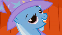 Size: 853x477 | Tagged: safe, trixie, pony, unicorn, g4, animated, bedroom eyes, female, hat, looking at you, mare, pmv, smiling, solo, trixie's cape, trixie's hat, wink, youtube link
