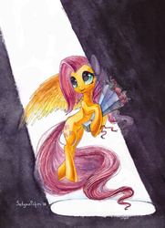 Size: 746x1029 | Tagged: safe, artist:satynapaper, fluttershy, g4, bouquet, female, floating, flower, holding, looking away, solo, spotlight, spread wings, traditional art, watercolor painting