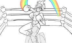 Size: 1280x768 | Tagged: safe, artist:jonfreeman, rainbow dash, human, g4, abs, belly button, big breasts, boxing, boxing gloves, boxing ring, breasts, busty rainbow dash, cleavage, female, humanized, little mac (punch-out!!), midriff, nintendo, partial color, punch-out!!, rainbow punch