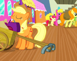 Size: 400x319 | Tagged: safe, screencap, apple sprout, applejack, carrot top, cherry berry, fluttershy, golden harvest, liberty belle, pony, g4, trade ya!, animated, background pony, cart, female, harness, horses doing horse things, mouth hold, train