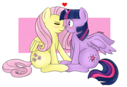 Size: 800x551 | Tagged: safe, artist:sivra1885, fluttershy, twilight sparkle, alicorn, pegasus, pony, g4, blushing, duo, duo female, female, heart, lesbian, mare, nuzzling, ship:twishy, shipping, twilight sparkle (alicorn)