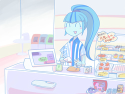 Size: 1400x1050 | Tagged: safe, artist:steve, sonata dusk, equestria girls, g4, blushing, cash register, eyes closed, female, food, japanese, scanner, solo, store, twiman