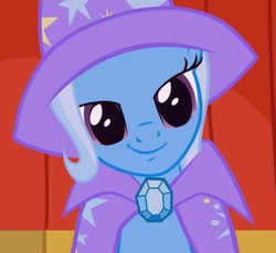 Size: 1176x1080 | Tagged: safe, trixie, pony, unicorn, g4, bedroom eyes, cape, clothes, cute, diatrixes, female, hat, looking at you, mare, smiling, solo, trixie's cape, trixie's hat, youtube link