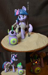 Size: 900x1402 | Tagged: safe, artist:prototypespacemonkey, spike, twilight sparkle, alicorn, pony, g4, bb-8, crossover, desert, female, mare, ponified, rey, sculpture, so much win, star wars, twilight sparkle (alicorn), win