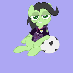 Size: 750x750 | Tagged: safe, artist:happy harvey, oc, oc only, oc:anon, oc:filly anon, earth pony, pony, /mlp/, 4chan, 4chan cup, clothes, female, filly, football, jersey, looking at you, solo, uniform