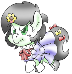 Size: 678x700 | Tagged: safe, artist:traditionaldrawfaglvl1, oc, oc only, oc:filly anon, clothes, cute, dress, evening gloves, female, filly, gloves, hairclip, ribbon, scrunchy face, shoes, solo, tomboy taming