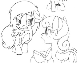 Size: 900x734 | Tagged: safe, artist:traditionaldrawfaglvl1, apple bloom, scootaloo, sweetie belle, oc, oc:filly anon, g4, cutie mark crusaders, female, filly, floppy ears, gritted teeth, lewd, lidded eyes, monochrome, open mouth, raised hoof